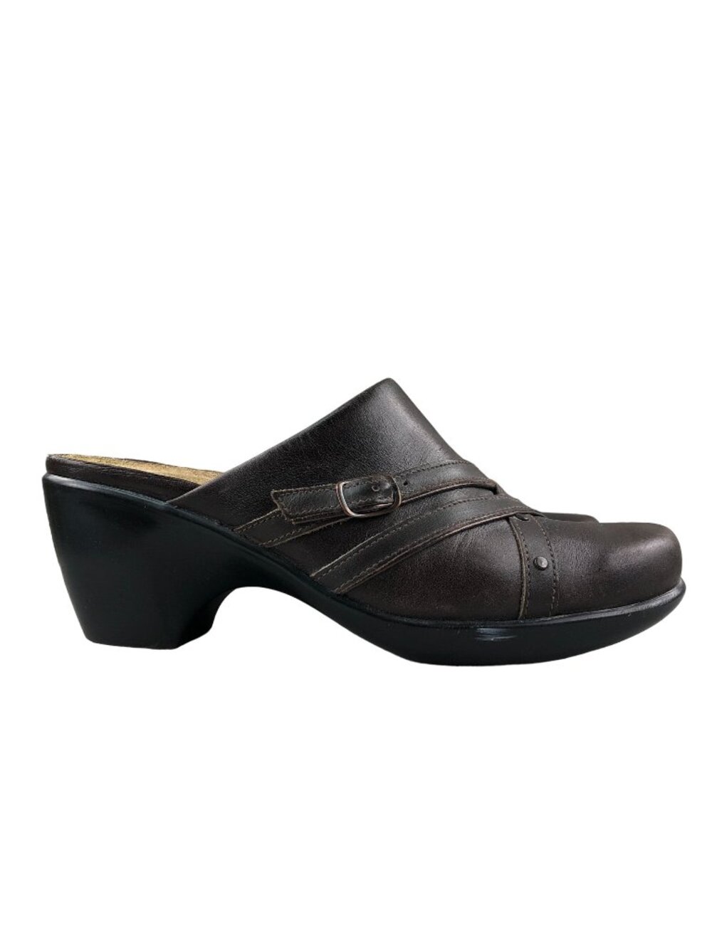 NAOT Women's Size 8 Delight Brown Leather Closed Toe High Heel Slip On Mules